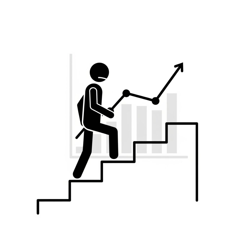右肩上がりのグラフを背景に、人が階段を登る画像。一歩ずつ資産を形成していくイメージ